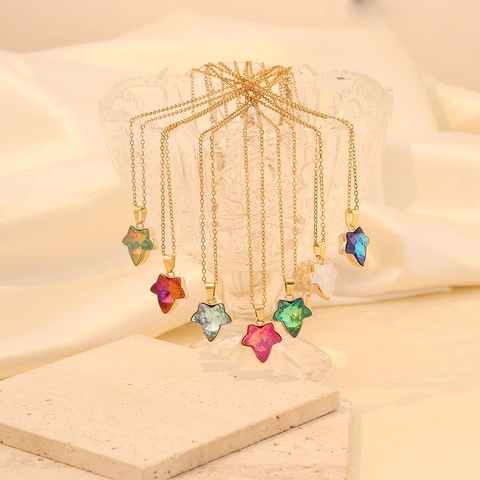 Maple Leaf Pendant Necklace Stainless Steel Colorful Crystal Glass Graduated Fashion Trendy Elegant Jewelry For Women