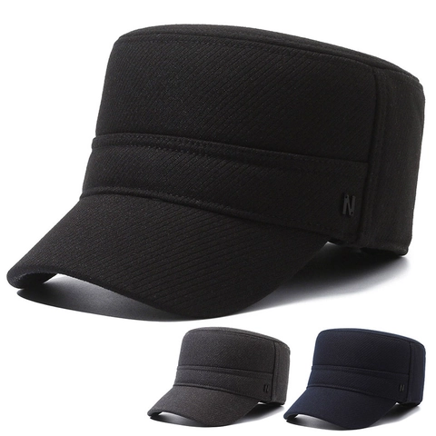 Cadet Cap Men Winter Warm Fleece Lined Woolen Cotton Flat Top Hat With Ear Flaps Windproof Military Adjustable