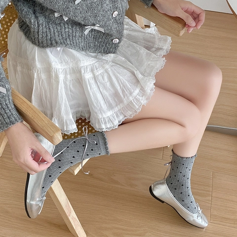 Damen Wadenlange Socken Baumwolle Rippenstrick Punktemuster Schleife Rüschensaum Japanischer Süßer Stil