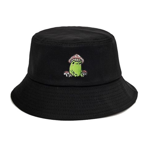 Cute Frog Mushroom Embroidery Cotton Bucket Hat Foldable Sun Protection Casual Retro Fisherman Cap For Women Men