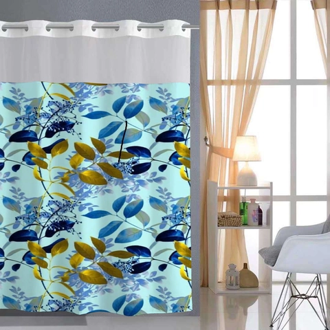 Shower Curtain And Floor Mat Waterproof Polyester Waffle Weave Hookless Grommet Top Botanical Print