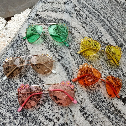 Kids Aviator Sunglasses UV400 Protection Metal Frame Daisy Flower Decoration Fashion Summer Eyewear For Boys Girls