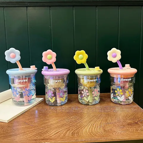 Flower Glass Water Cup With Straw And Lid Heat Resistant High Borosilicate Glass Tumbler With Tea Filter Pastoral Style