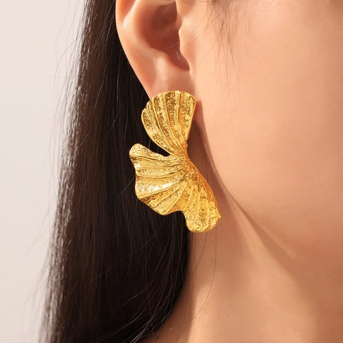 Pendientes De Hoja De Ginkgo Textura Martillada Acero De Titanio Joyería En Forma De Abanico Para Mujeres Elegante Floral