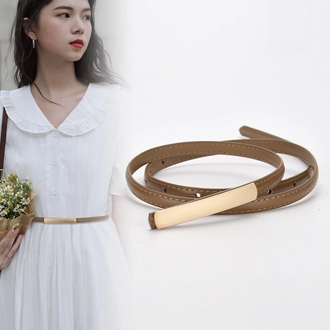Women's Skinny Genuine Leather Belt With Alloy Smooth Buckle Elegant Split Cowhide Slim Waist Belt For Dress Pants Daily Commute