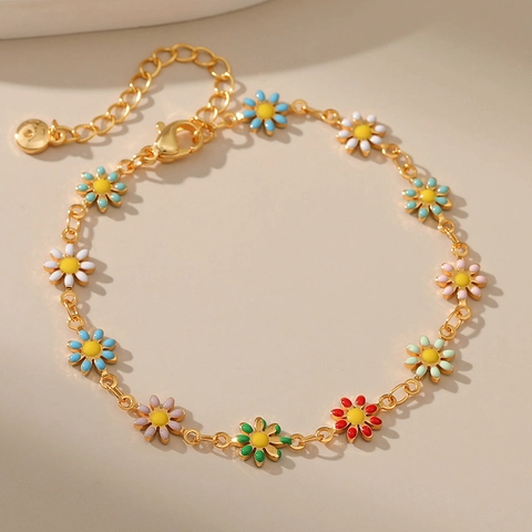 Pulsera De Margaritas De Esmalte Colorido Cobre Chapado En Oro Joyería Floral Estilo Francés Retro Ajustable Para Mujeres