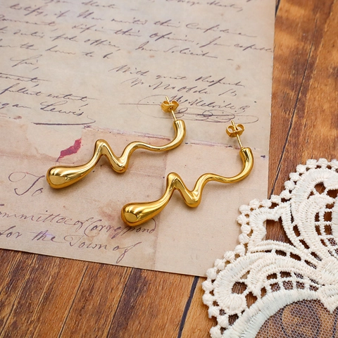 Minimalist Stainless Steel Irregular Wavy Drop Earrings Gold Plated Geometric Liquid Line Fashion Ear Jewelry For Women Gift