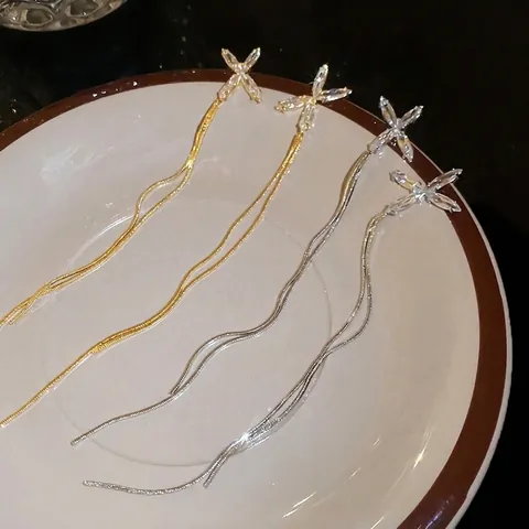 Boucles D'oreilles Longues À Pampilles En Zircone Forme X Avec Tige En Argent Cuivre Bijoux Pour Femmes Style Étoile Papillon
