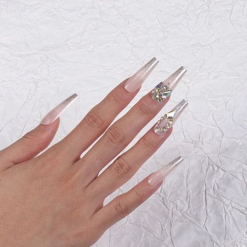Unghie Finte Lunghe Coffin Glitter Sfumato Aurora Strass Lusso Rimovibili Per Donna