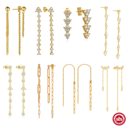 Orecchini Pendenti con Nappa in Argento Sterling 925 per Donna Placcati in Oro Zirconia Intarsiata Orecchini a Catena Geometrici Eleganti Gioielli di Moda