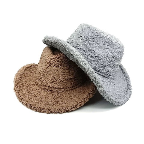 Western Cowboy Hat Plush Fuzzy Sherpa Wide Brim Winter Warm Jazz Fedora Vintage Solid Color Women Men