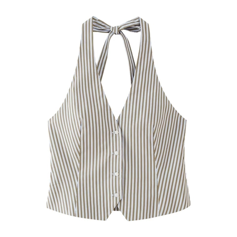 Completi Top Allacciato Al Collo A Righe E Pantaloni A Gamba Larga Donna Poliestere Casual Senza Maniche Schiena Scoperta Estate Streetwear