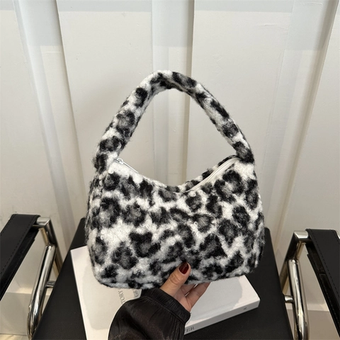 Bolso De Axila Con Estampado De Leopardo Felpa Bolso Hobo Grande Vintage Informal Bolso De Hombro Para Mujer