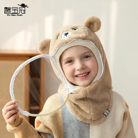 Kids Winter Plush Integrated Hat With Transparent Shield Windproof Warm Animal Ear Protection Hood Neck Warmer For Boys Girls