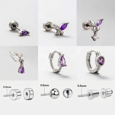 Purple Zirconia Butterfly Star Cartilage Stud Earring Titanium Steel Helix Piercing Screw Back Jewelry For Women