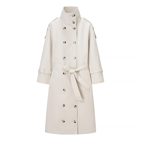 Trench-Coat Long Pour Femmes Double Boutonnage Avec Ceinture Tissu Polyester Coupe-Vent Décontracté Élégant Mode Couleur Unie