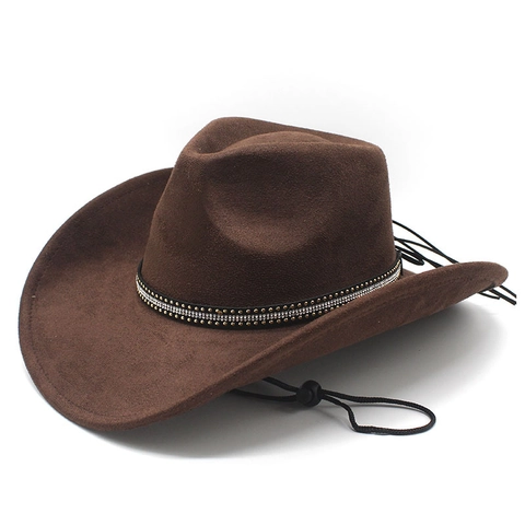 Western Cowboy Hat Faux Suede Fedora Jazz Wide Brim With Studded Rivet Rhinestone Band Adjustable Windproof Rope