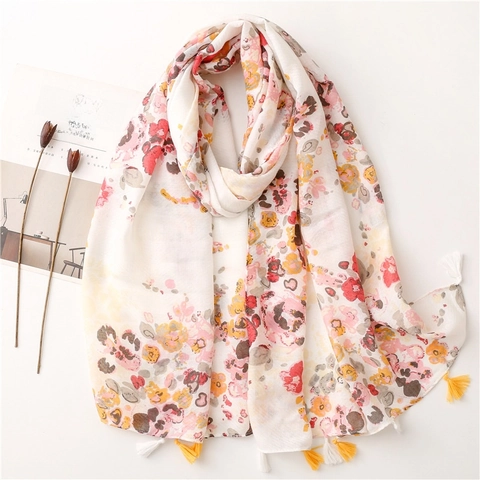 Elegant Floral Print Scarf Shawl Lightweight Polyester Tassels Sun Protection Decorative Wrap For Women