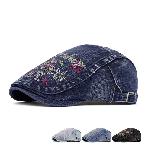 Vintage Washed Denim Flat Cap For Women And Men With Letter Embroidery Adjustable Buckle Sun Protection Retro Forward Cap