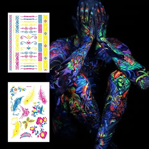 Fluoreszierende Temporäre Tattoo Aufkleber UV Reaktiv Wasserdicht Neon Body Art Party Musik Festival Schmetterling Feder
