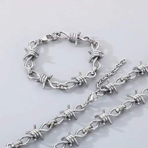 Collana E Bracciale In Filo Spinato Acciaio Inossidabile Punk Hip Hop Catena Di Spine Gioielli Da Uomo Argento