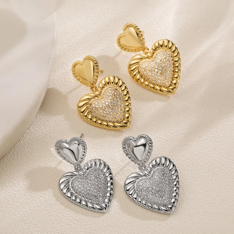 Cubic Zirconia Heart Drop Earrings Copper Gold Plated Double Love Dainty Fashion Jewelry Women Gift