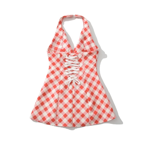 Damen Mini Kleider Mit Karomuster Neckholder Polyester Rückenfrei Schnürung A-Linie Retro V-Ausschnitt Elegant