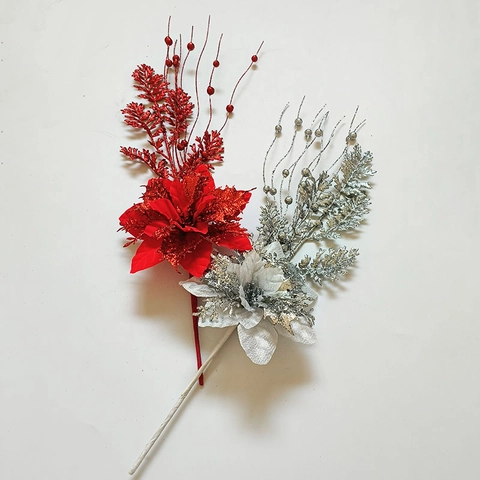 Artificial Christmas Poinsettia Flower Picks Glitter Velvet Flower Branches With Berries For Xmas Tree Party Home Decor