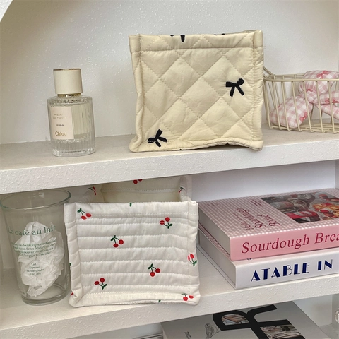 Quilted Polyester Desktop Storage Basket Large Capacity Organizer For Sundries And Snacks With Bow Cherry Heart Embroidery
