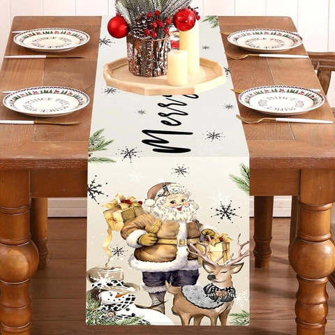 Kerst Tafelloper Polyester Vintage Kerstman Rendier Sneeuwpop Print Feesttafel Diner Decoratie