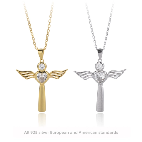Collana Croce Cuore Ali Di Angelo In Argento Sterling 925 Con Zirconia Elegante Gioiello Religioso Regalo Per Donne