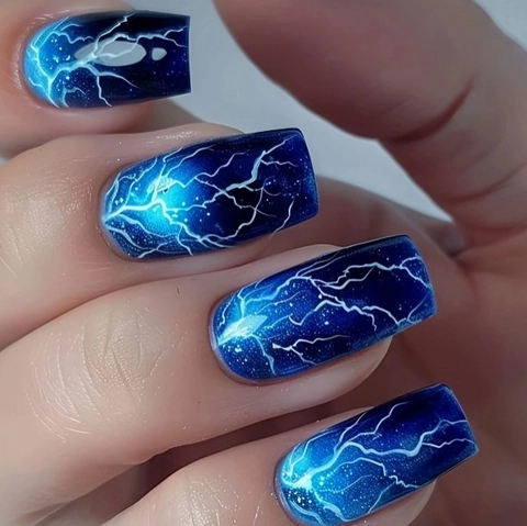 Blue Gradient Press On Nails White Lightning Pattern Square Coffin Fake Nails Artificial Manicure For Women