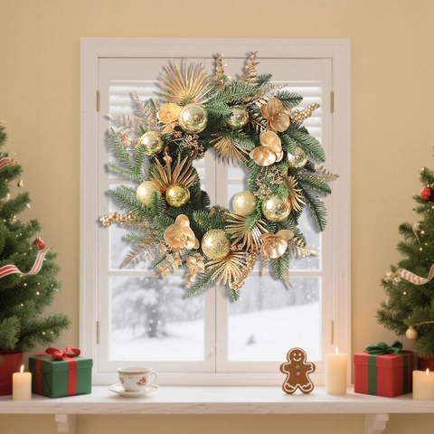 Ghirlanda Di Natale Aghi Di Pino Verde Artificiale Con Palle Dorate E Luci LED Calde Decorazione Per Porta E Parete