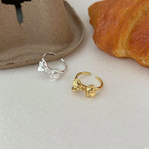 925 Sterling Silver Bowknot Ring Minimalist Adjustable Open Band Elegant Jewelry For Women