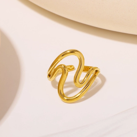 Wellen-Ring Edelstahl Hohl Gebogen Verstellbar Minimalistischer Schmuck Für Damen Unisex Hypoallergen Wasserdicht Gold