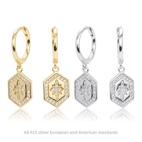 Orecchini A Cerchio In Argento Sterling 925 Stella Octagram Esagonale Con Zirconia Micro Pave Geometrico Pendente Donna