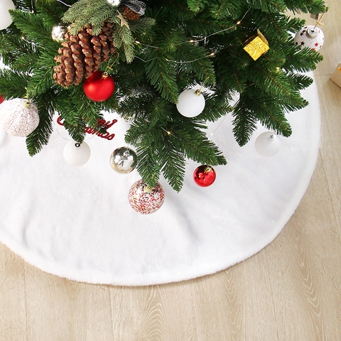 Christmas Tree Skirt White Long Plush Faux Fur Round Merry Christmas Lettering Holiday Party Tree Base Decoration Winter
