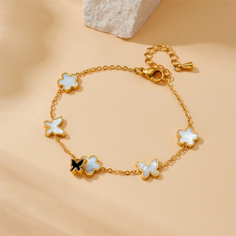Gioielli In Acciaio Inossidabile Collana Bracciale Orecchini Vintage Placcato Oro Fiore Farfalla Stile Madreperla Elegante
