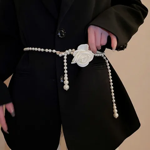 Lange Kunstperlenhalskette Und Taillenkette Mit Stoff Kamelienblüte Dekoration Vintage Eleganter Stil Für Damen