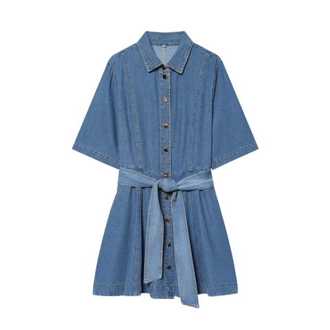 Damen Denim Mini Kleid Kurzarm Knopfleiste Hemdkragen Taillengürtel Elegant A Linie Lässig Streetwear Mode