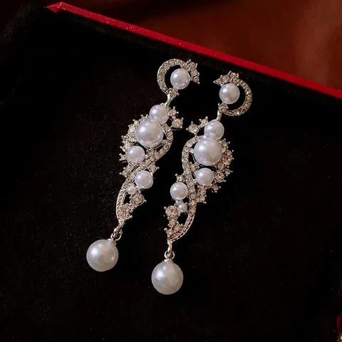 Pendientes Largos Borla Retro Aleación Imitación Perla Artificial Diamante Imitación Elegante Con Poste Plata Ley 925 Mujeres