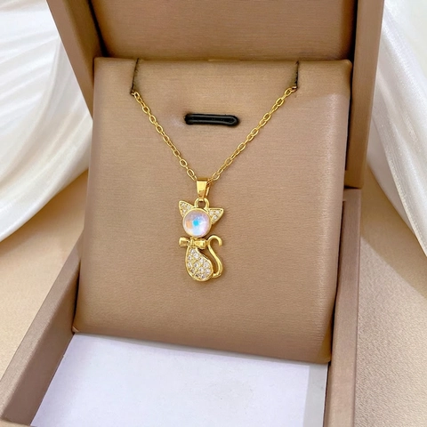 Kattenhanger Ketting Goud Titaniumstaal En Koper Met Zirkoon En Opaal Glinsterende Zoete Sieraden Cadeau Voor Vrouwen