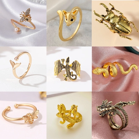 Anelli Vintage Regolabili Donna Forme Animali Drago Ape Rana Serpente Volpe Lega Strass Perla Artificial Punk Gotico Gioielli Donne