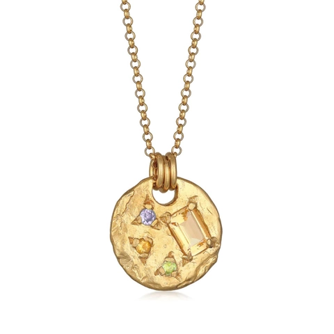 Vintage Runde Gehämmerte Kupferkette Bunte Zirkonia Eingelegt Unregelmäßiger Geometrischer Anhänger Vergoldeter Eleganter Schmuck
