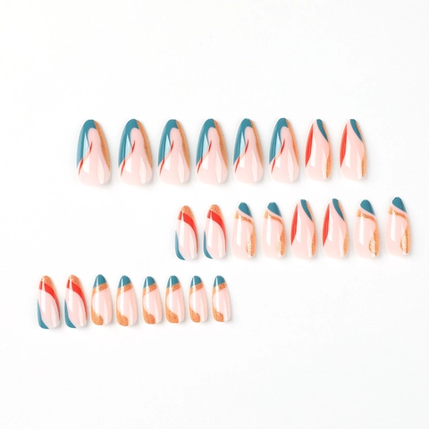 Kunstnagels Press On Amandelvorm Frans Abstract Golvend Ontwerp Goud Glitter Lange Kunstmatige Nagel Tips Met Lijm Voor Vrouwen