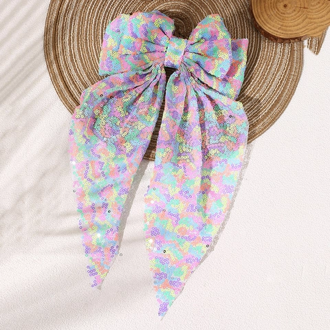 Pince À Cheveux Noeud Géant À Paillettes Avec Longs Rubans Barrette Arc-En-Ciel Scintillante Accessoires De Fête Femmes