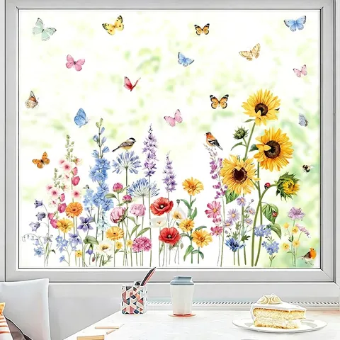 Sunflower Butterfly Wall Stickers PVC Waterproof Removable Window Glass Decals Spring Farmhouse Living Room Home Decor