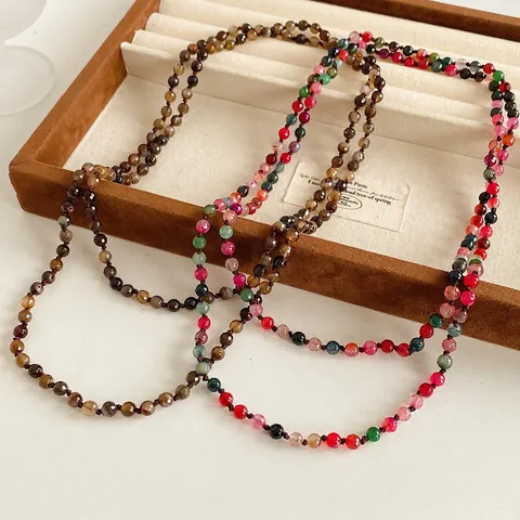 Lange Perlenkette Naturachat Böhmischer Retro Stil Ethno Pulloverkette Handgefertigt Geknotet Für Damen