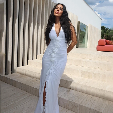 Abito Maxi Halter Con Scollo A V Profondo Decorazione Floreale Arricciato Schiena Scoperta Sottile Spacco Alto Sexy Party Poliestere Donne