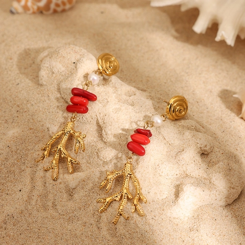 Pendientes Colgantes de Acero Inoxidable con Rama de Coral Rojo y Perla Artificial Estilo Playa Océano Joyería Mujer